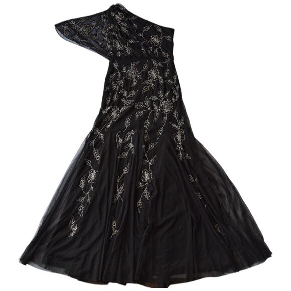 Adrianna Papell One-Shoulder Black Beaded Floral Evening Gown Sz 6 - Picture 8 of 9